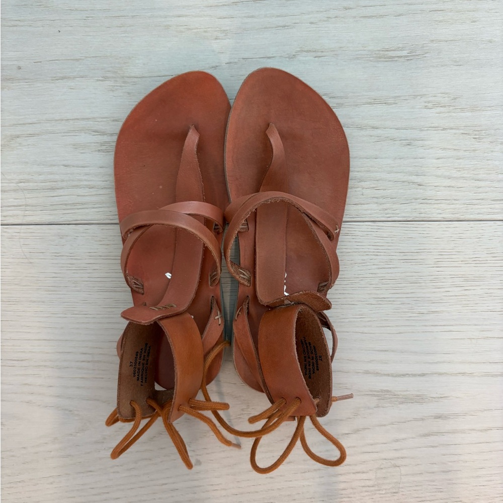 Tan Minimalist Leather Sandals with Ankle Strap